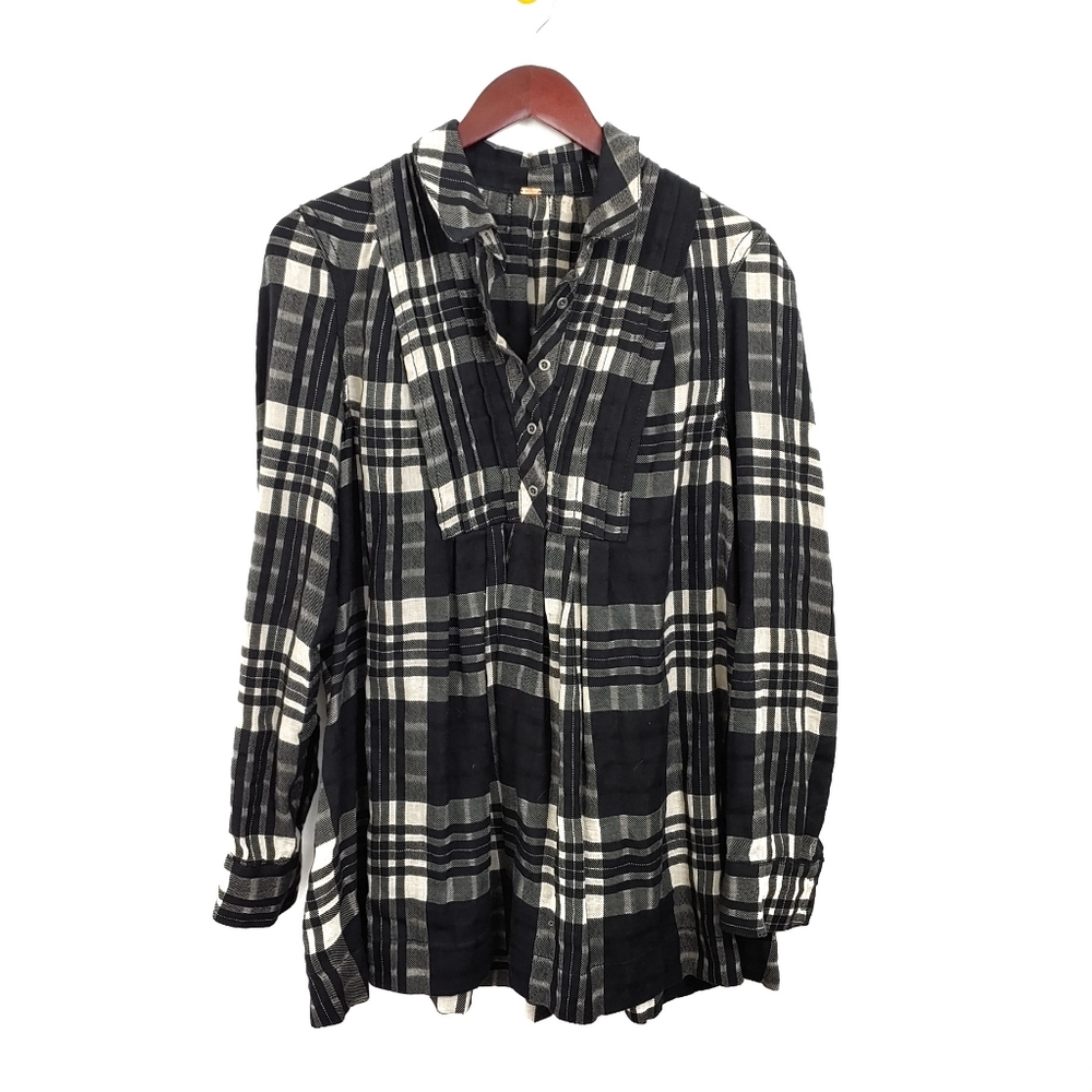 Free People Plaid Button Top Long Sleeve Black SM - Picture 2 of 6